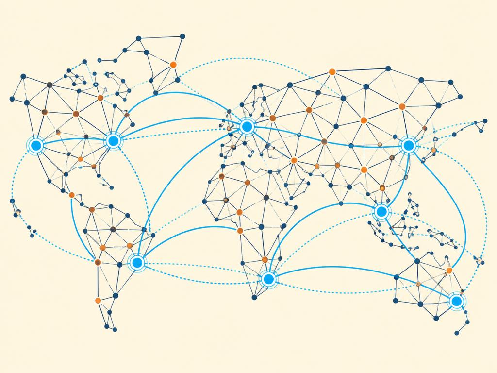 Network topology diagram showing distributed routing nodes and redundant paths.