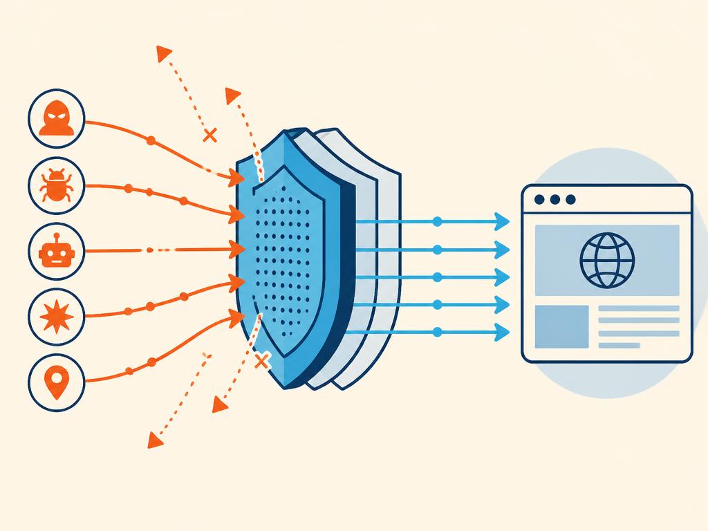 Diagram of a layered filter blocking malicious requests while legitimate traffic reaches a website.